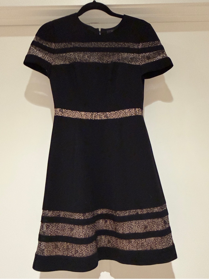 Bcbg Black Short-Sleeve Fit & Flare Dress W Sheer Lace Insets